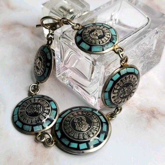 Sterling silver Aztec calendar symbols Bracelet - Picture 1 of 8